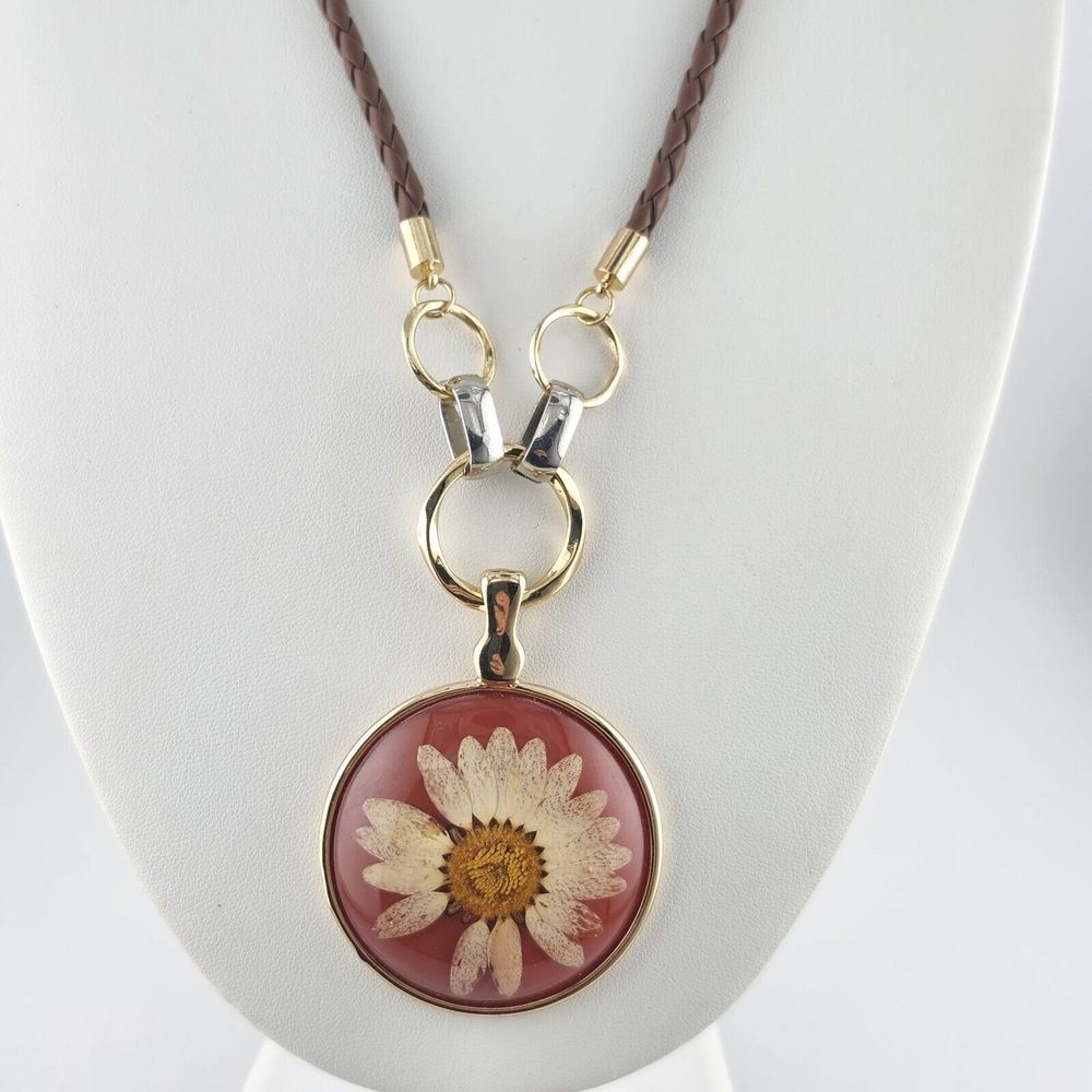 Roman RMN Dried Flower Daisy‎ Pendant Leather Cord Necklace